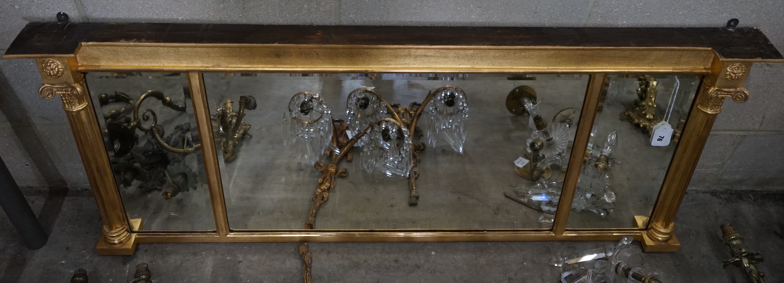 A Regency style gilt-framed triple plate overmantel mirror, width 132cm, height 57cm